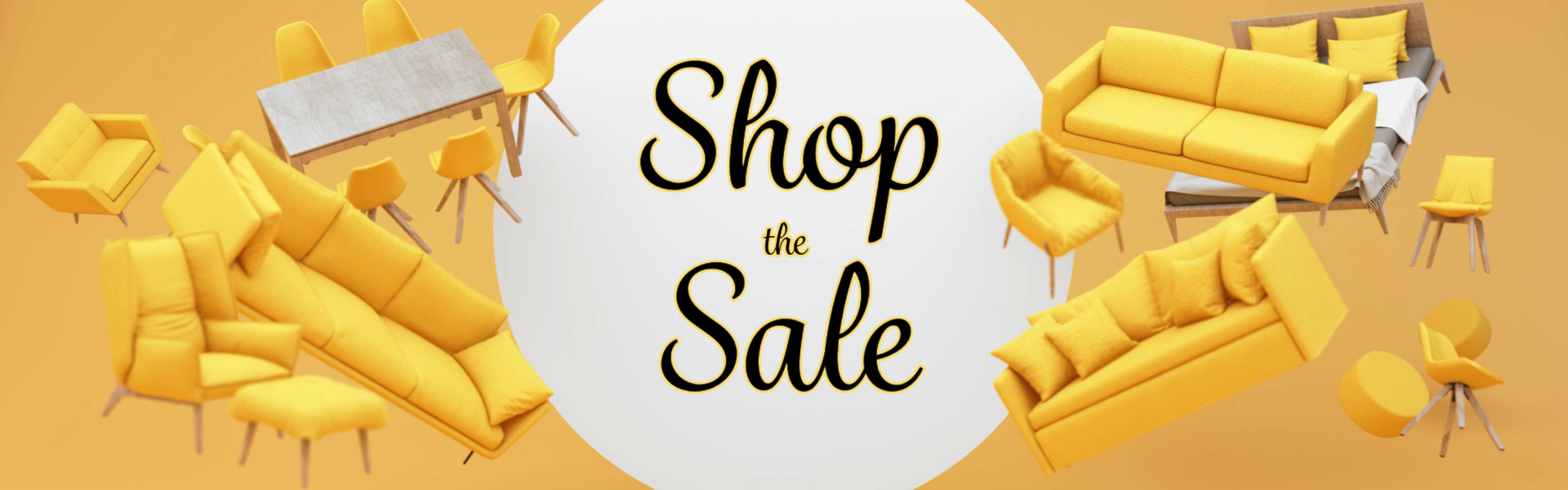 Shop the sale image with yellow furniture and white circle
