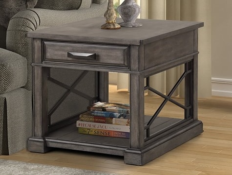 Grey wood side table with added decor