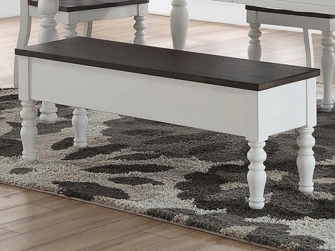 White dining bench with black top next to a dining table