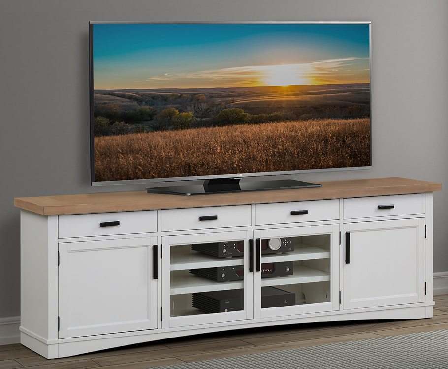 White wood TV stand with Television on top