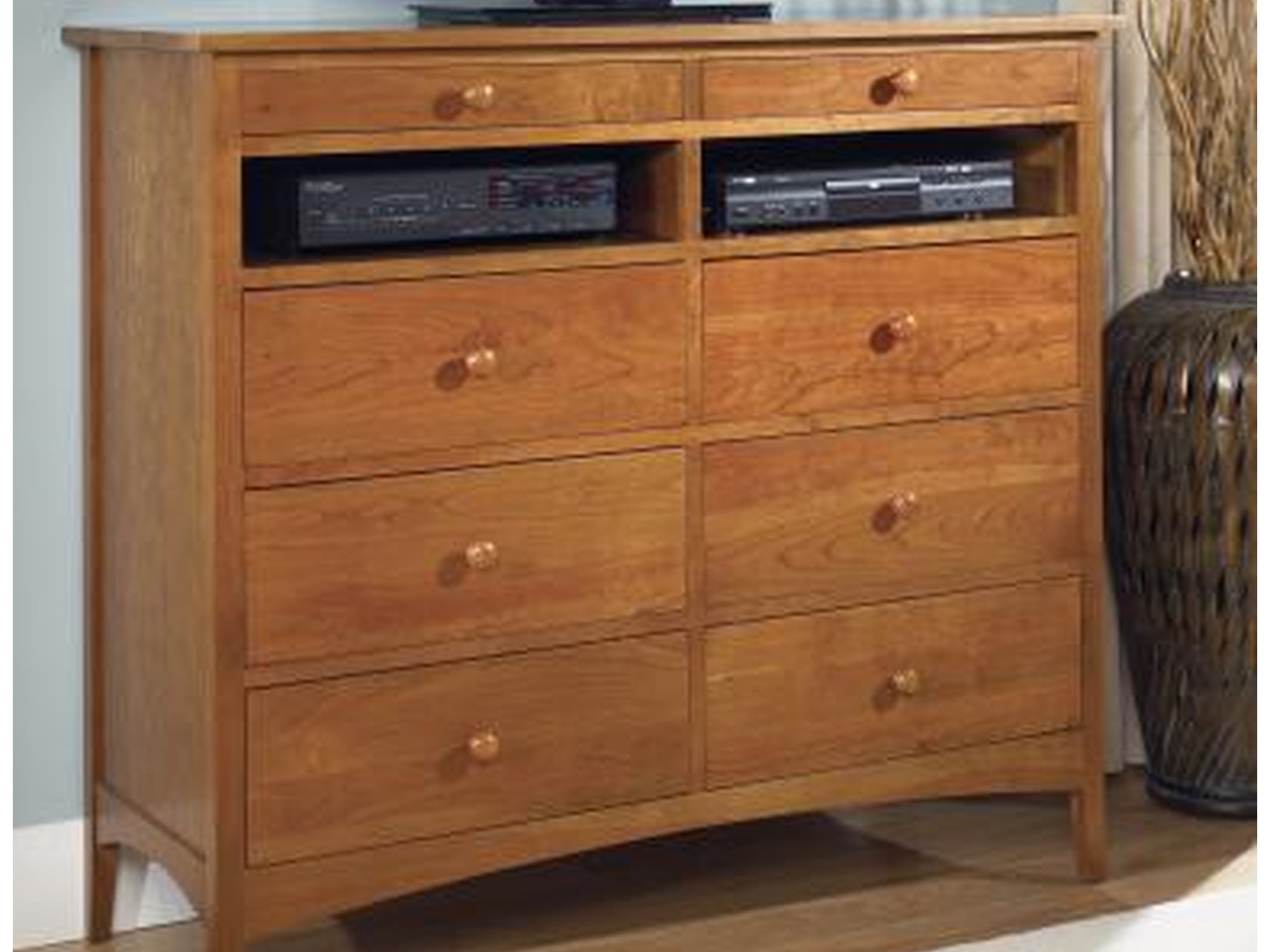 Wooden TV console table with eight drawers and space for equipment