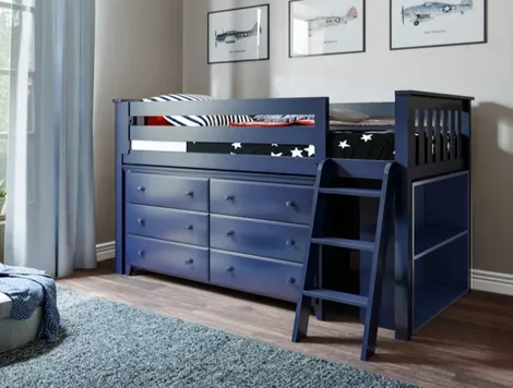 Blue wooden bunk bed set with ladder and matching dresser