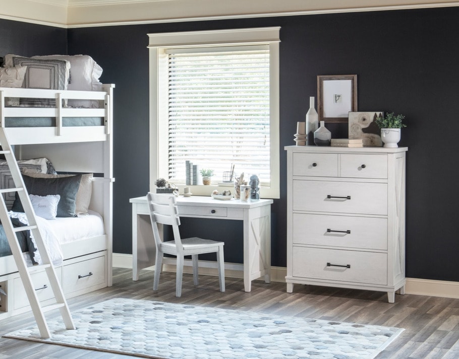 Modern bookshelf with three shelves and two drawers