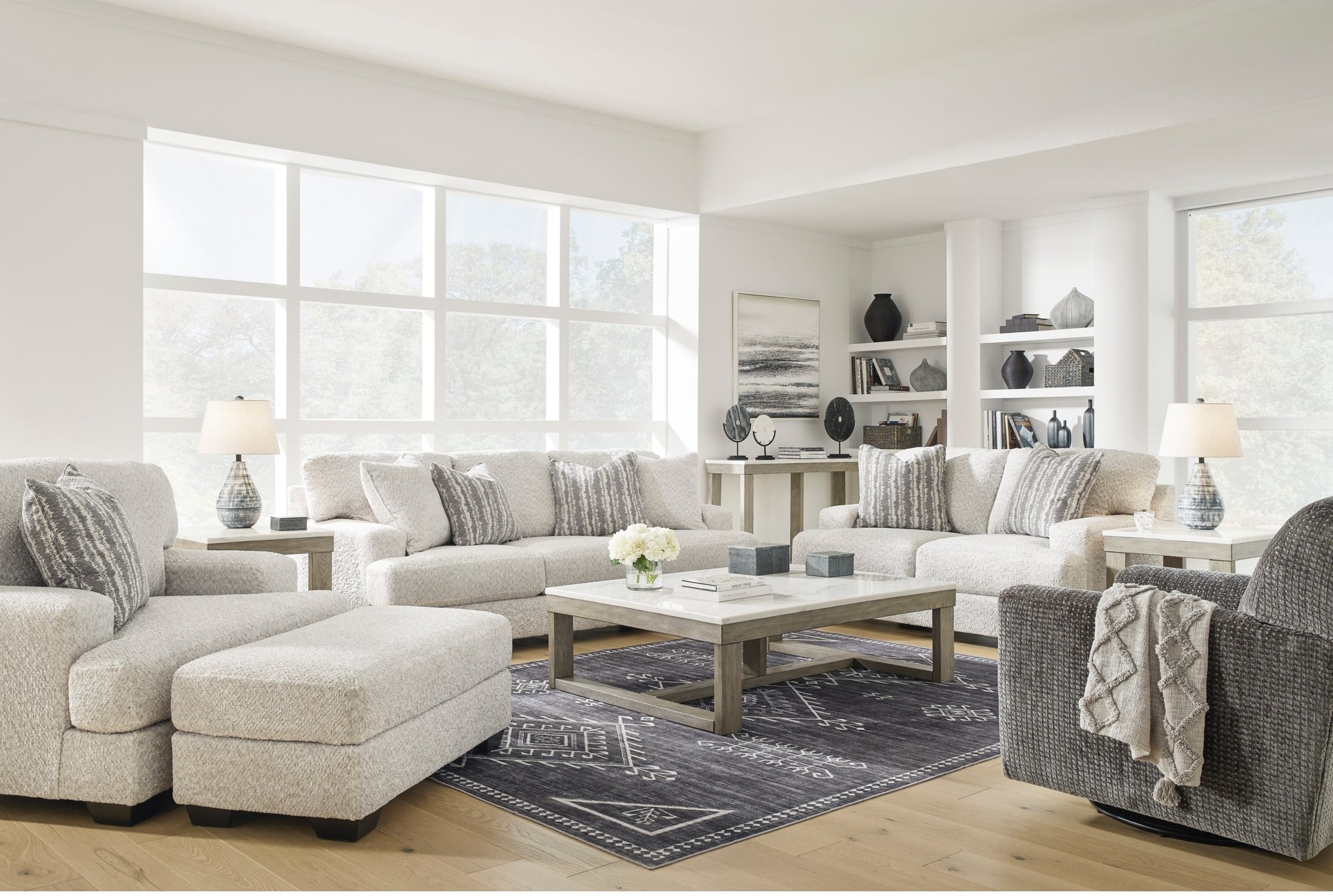 Neutral, contemporary style living room set with table on clearance