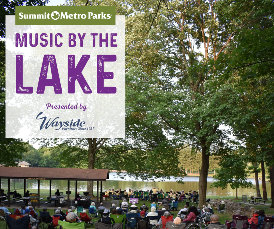 picture of a band playing in front of lake with logos for Sumit metro parks and wayside furniture