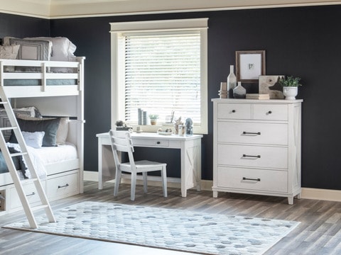 Modern bookshelf with three shelves and two drawers