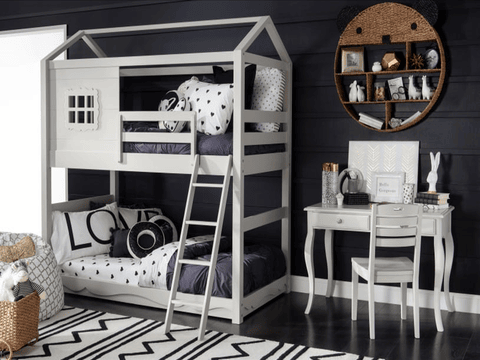 Unique kids’ bunk beds with matching white desk and chair