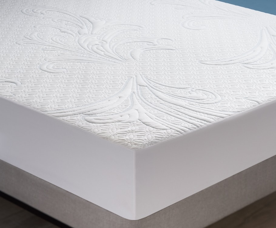 Mattress protector on unmade bed.
