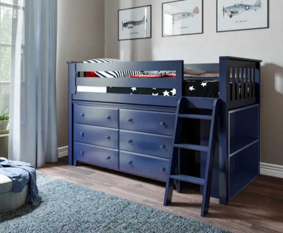 Blue wooden bunk bed set with ladder and matching dresser