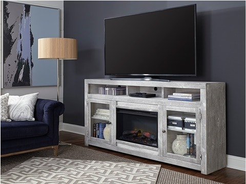 Entertainment center with fireplace and glass cabinet doors