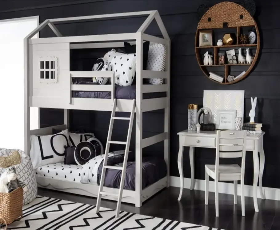 Unique kids’ bunk beds with matching white desk and chair