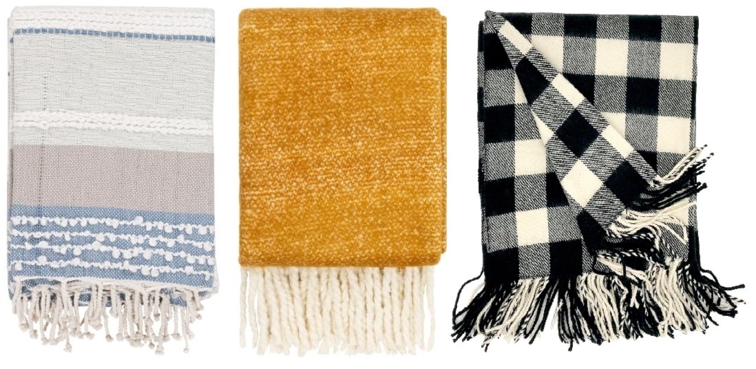 Blue and Beige Throw Blanket, Yellow Throw Blanket, & Black and White Check Throw Blanket