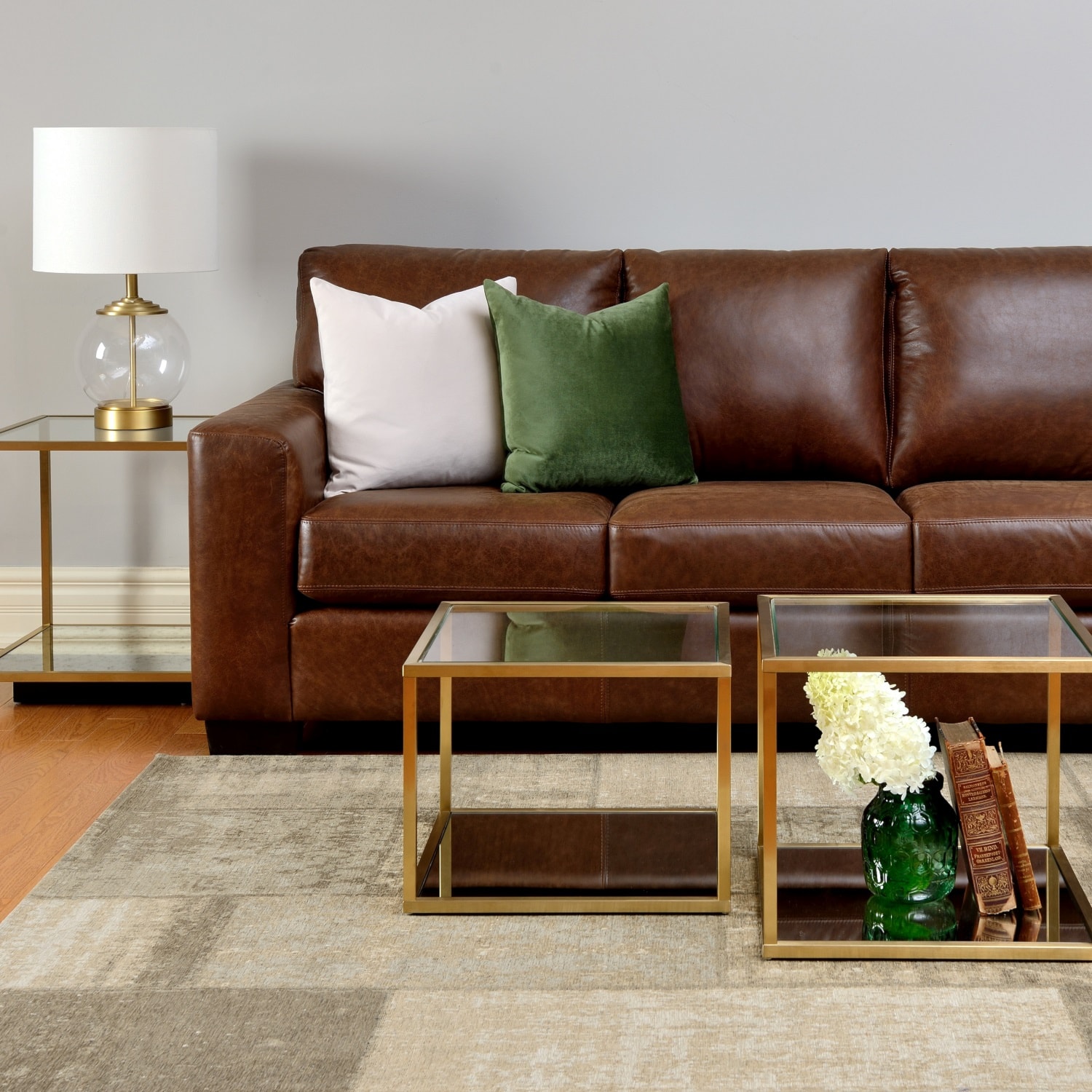 Brown Leather Sofa with Toss Cushions