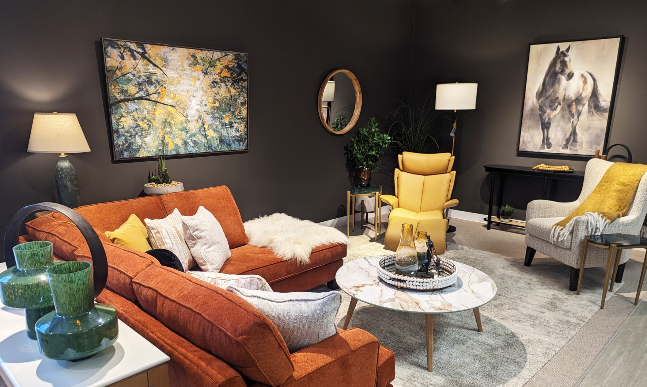 Living Room Vignette with Orange Sectional