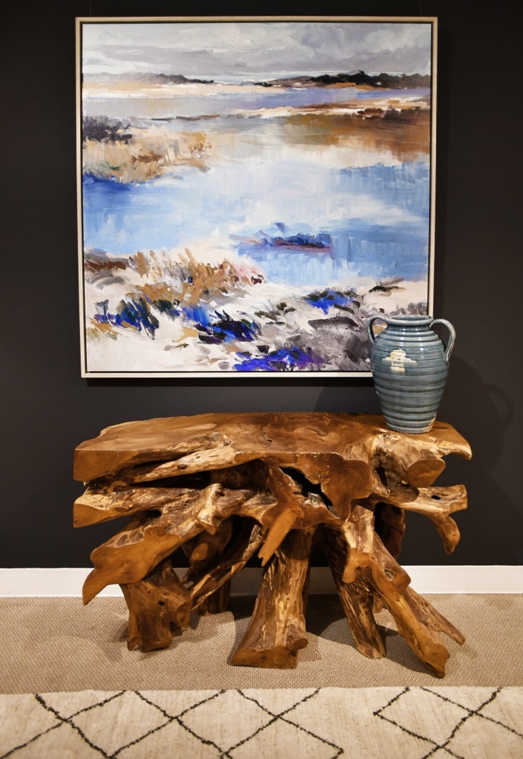 Live Edge Console Table with Vase and Artwork