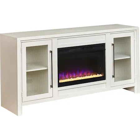 white fireplace with 2 cabinet doors on either side