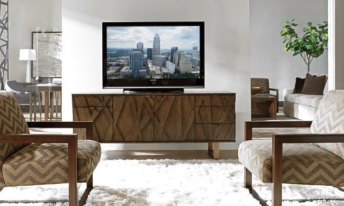 Medium wood tv stand with neutral background
