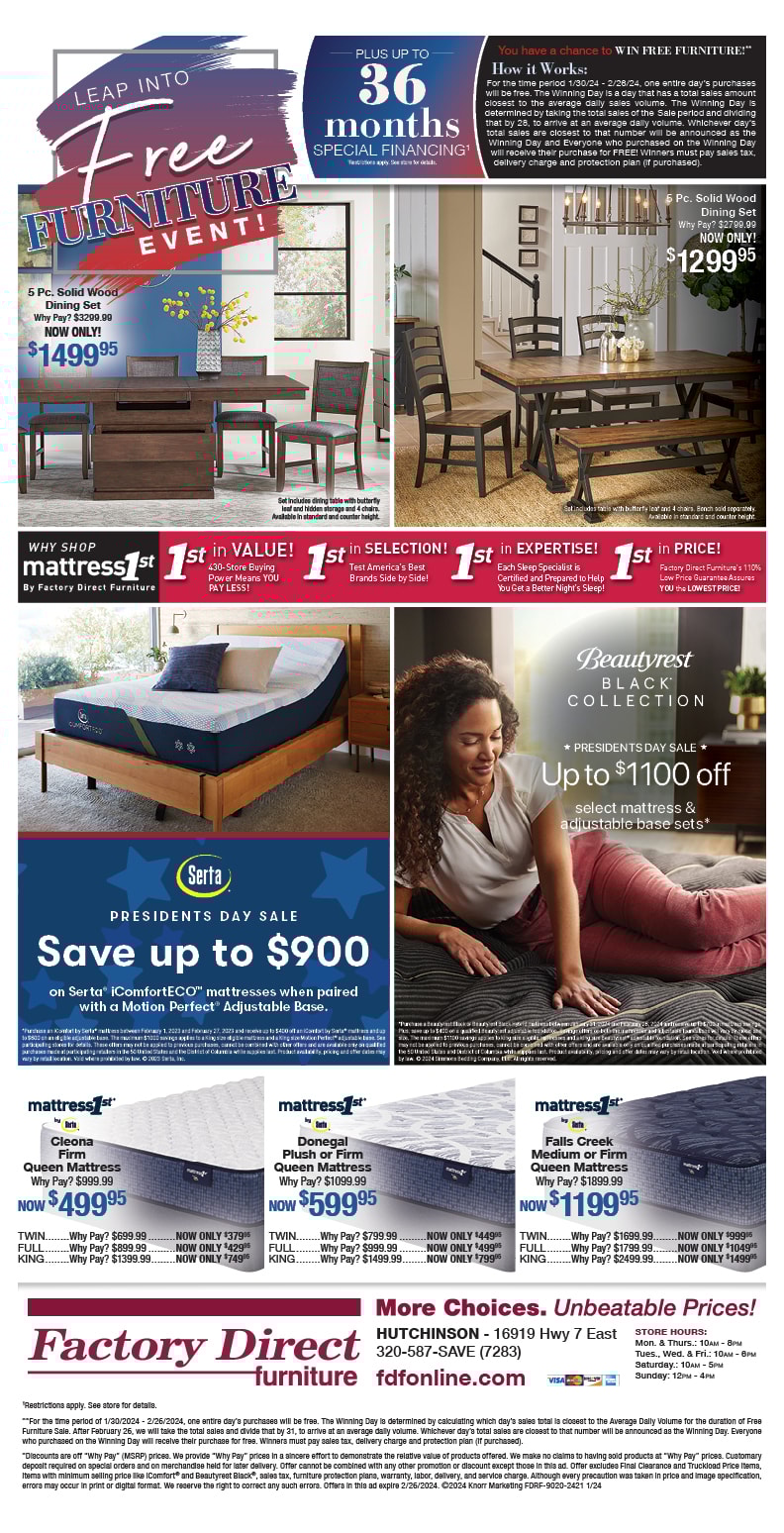 Current Ad Factory Direct Furniture Hutchinson, Glencoe, Litchfield