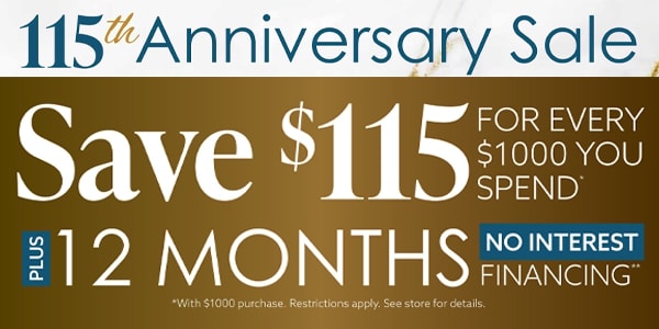 Simon's is celebrating their 115th anniversary with a massive sale! Save $115 for every $1000 you spend on furniture plus 12 months no interest financing.
