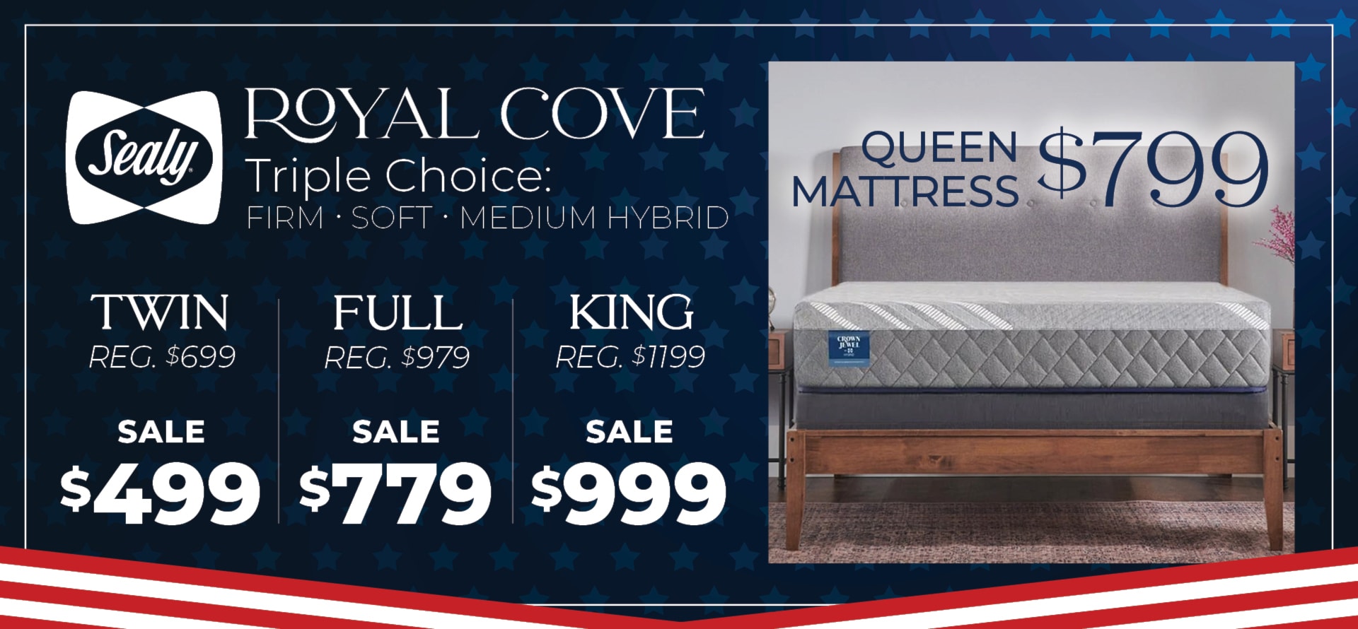 Save on this sealy Triple choice mattress special now through Memorial Day. Firm, Plush or medium hybrid for $799 queen. $999 king, $499 twin!