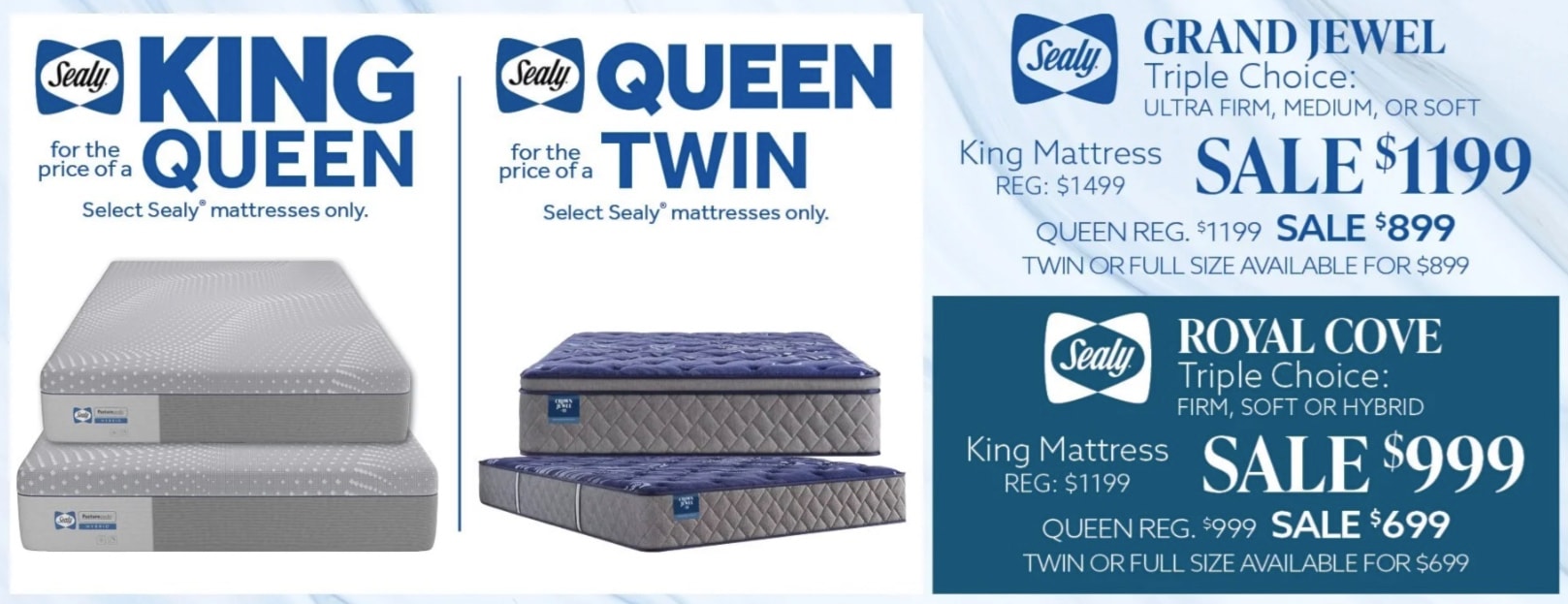 Simon's King for Queen, Queen for twin mattress event is going on now! Buy select Sealy king mattresses and pay the queen price. Buy select queen or full sealy mattresses and pay the twin price. 