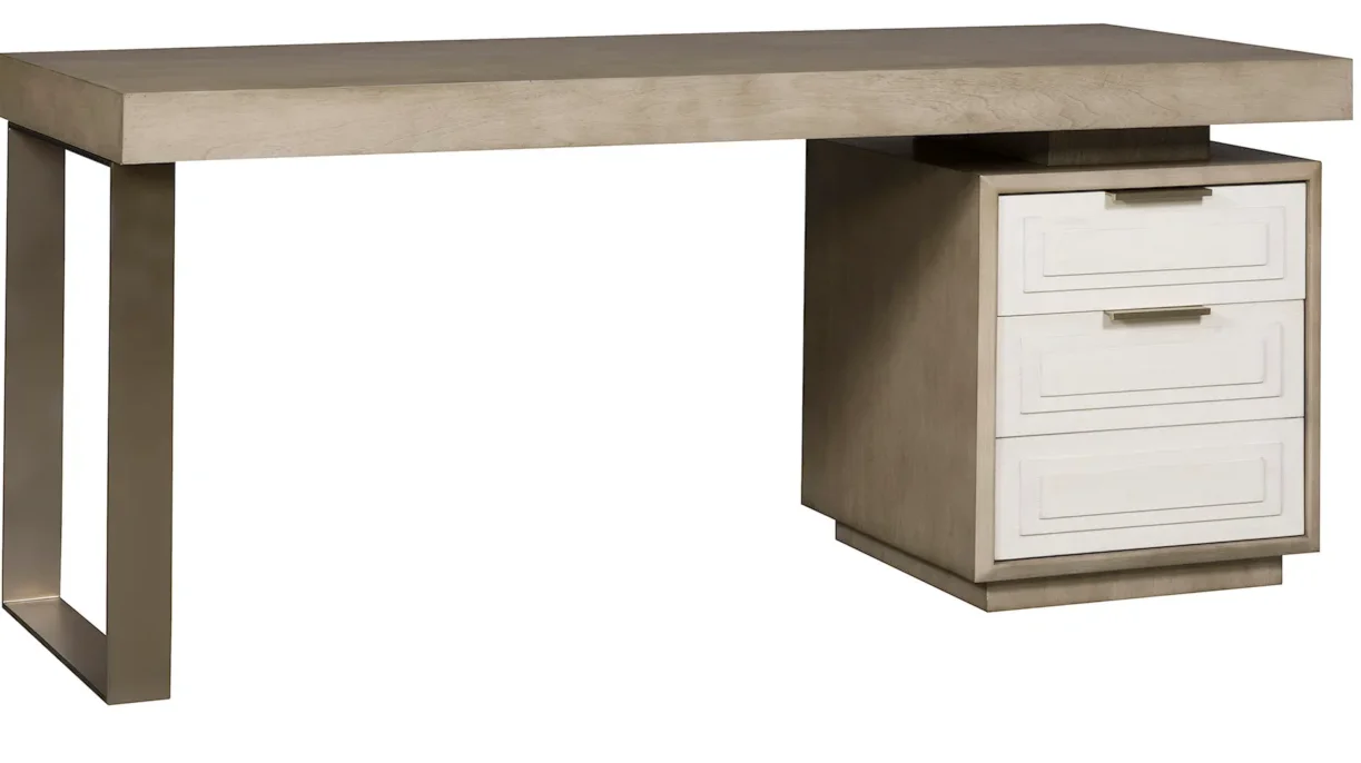 Sleek, minimalist desk with wooden top. 