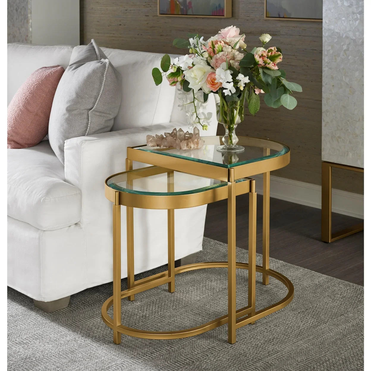 Brushed gold and glass two-level contemporary end table. 