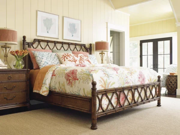 Beautiful rattan king-sized bed in bedroom setting. 