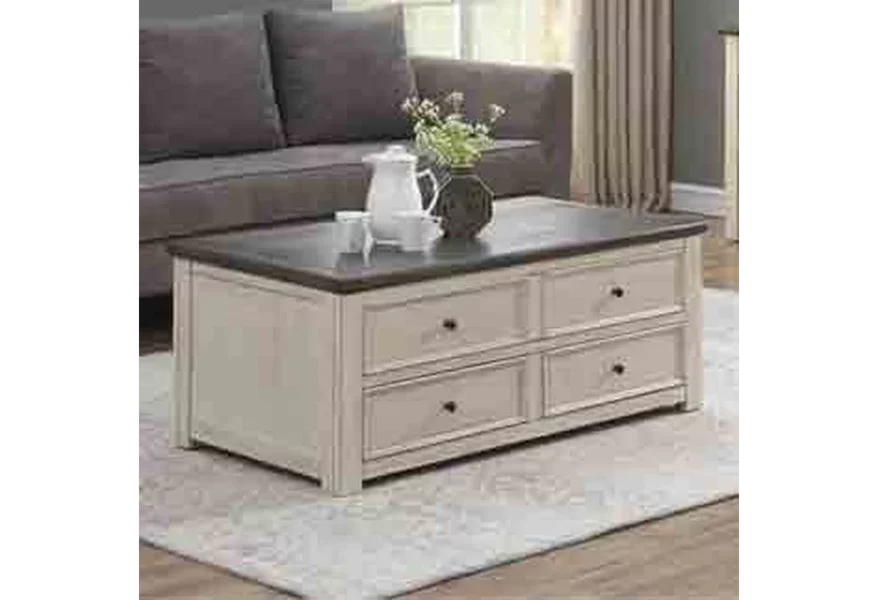 A solid coffee table with dark wood top and four drawer handles. 