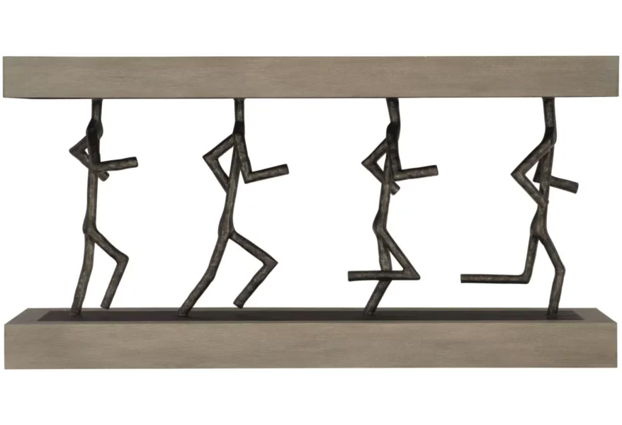 Wood and iron table with four jogging figures in the center. 