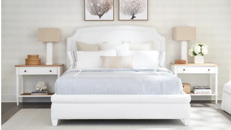 Beautiful white Barclay Butera Avalon Upholstered Bed in Bedroom Setting. 