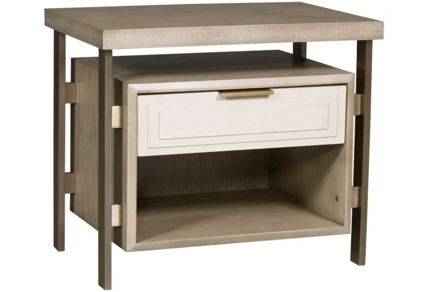 A chic end table with clean lines, neutral tones, a drawer, and open storage. 