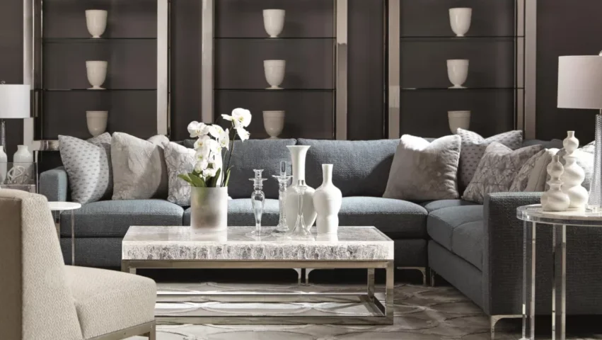 The Bernhardt Arctic Cocktail Table in the middle of a chic living room. 