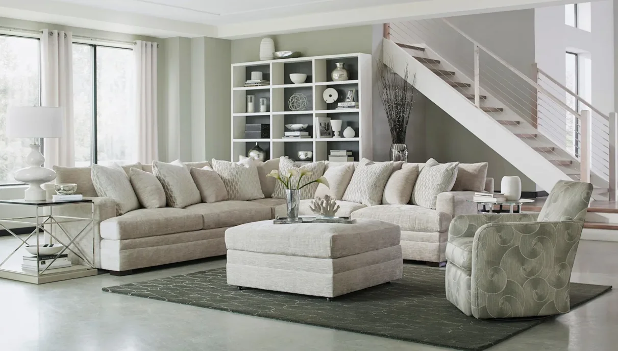 Gorgeous, modern living room with beige sectional.