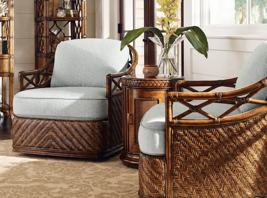 Rattan chairs facing one another in a living room setting. 