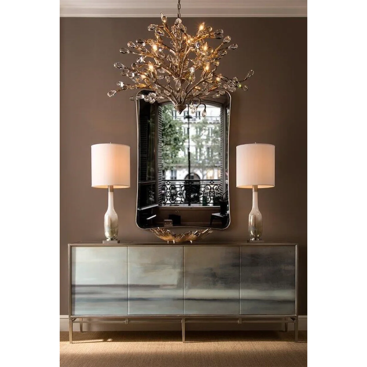 Beautiful credenza with metal doors. 