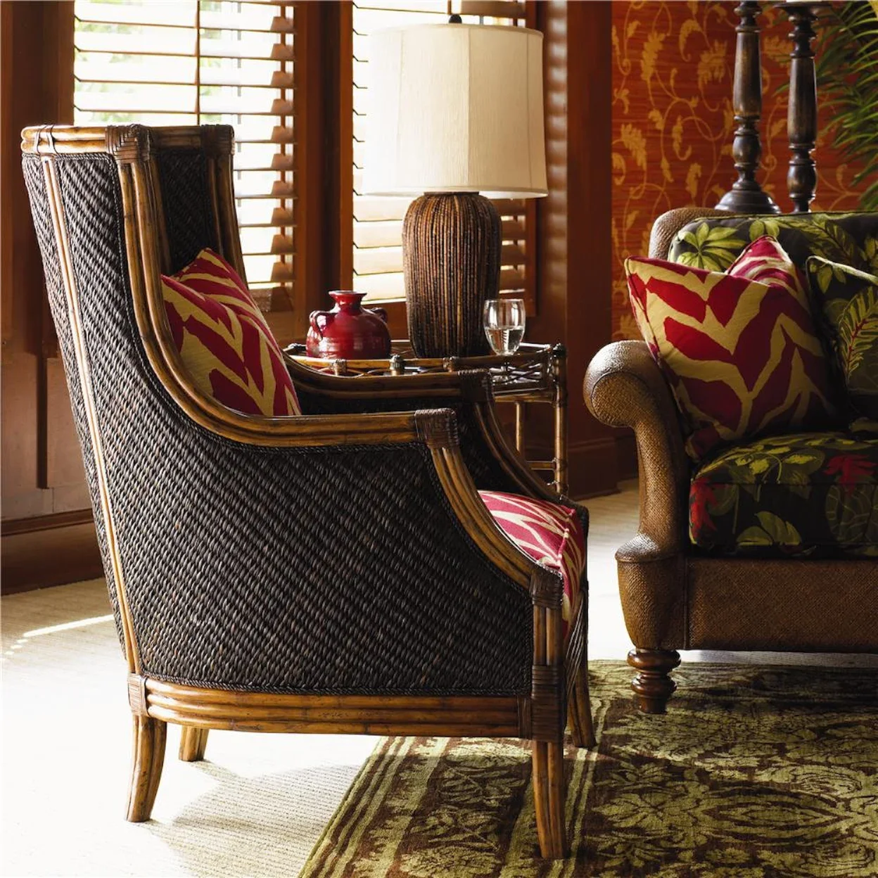 Dark wicker chair in living room setting. 