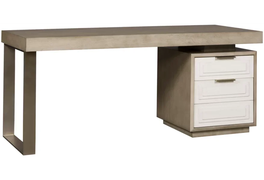 A beautiful modern desk with three drawers to the right and a square metal leg stand on the left. 