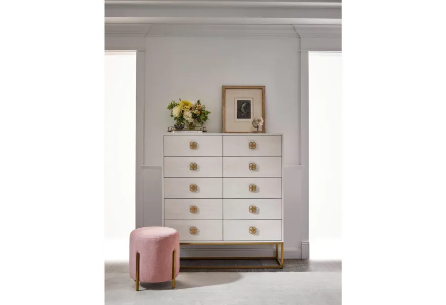 A white chest of ten drawers. 