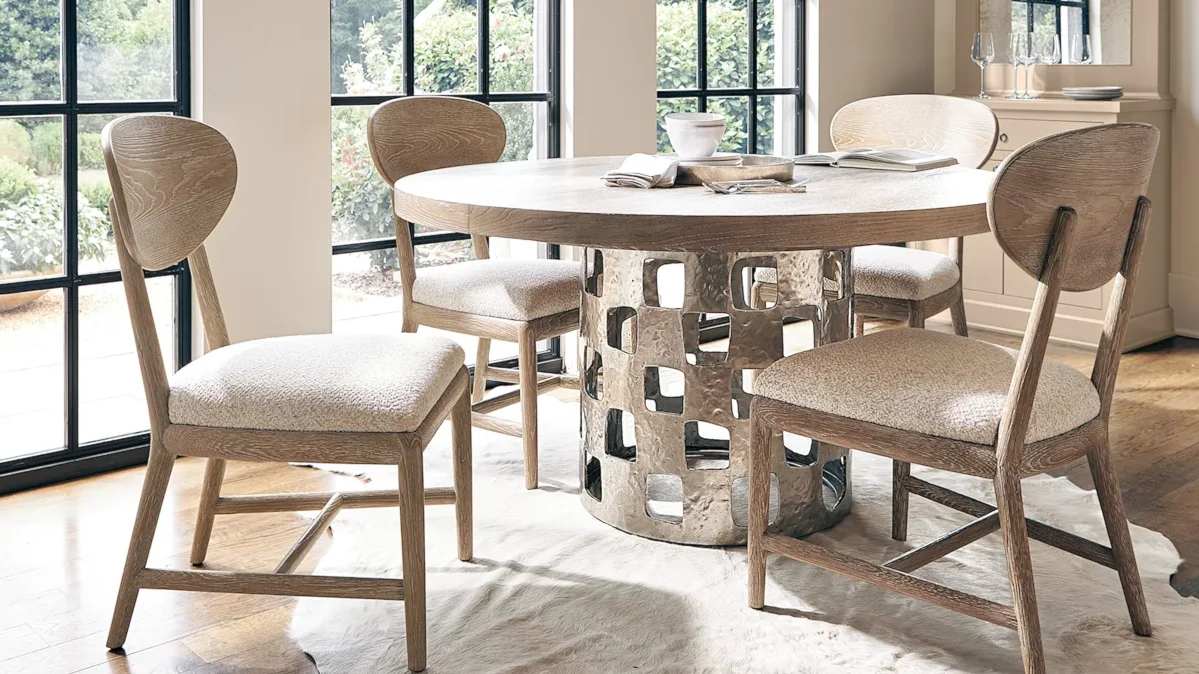 Contemporary dining room set in modern living room. 