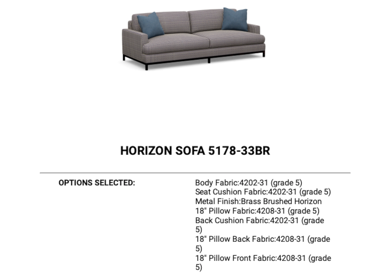 Miniature version of sofa with specs.