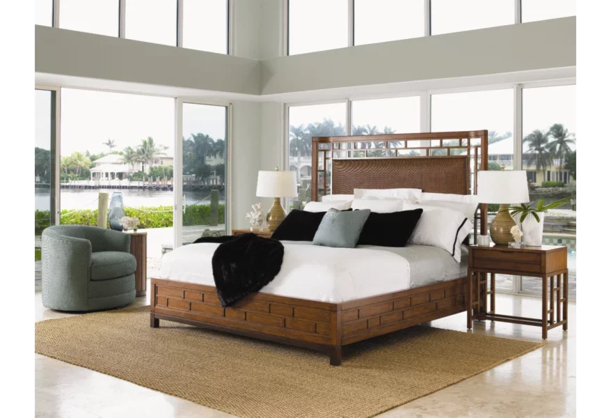 Rattan bed in a Florida style bedroom with panoramic view. 