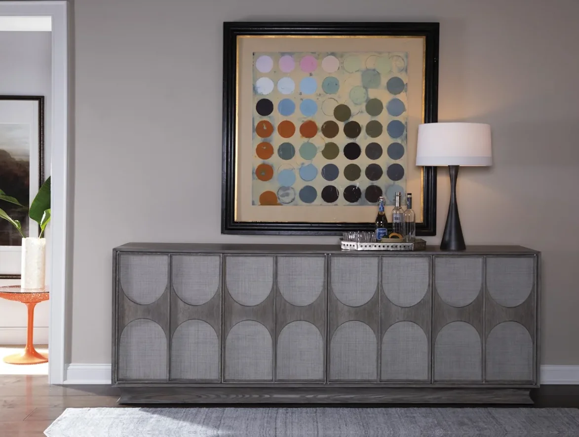 Contemporary console with two-tone gray panels. 