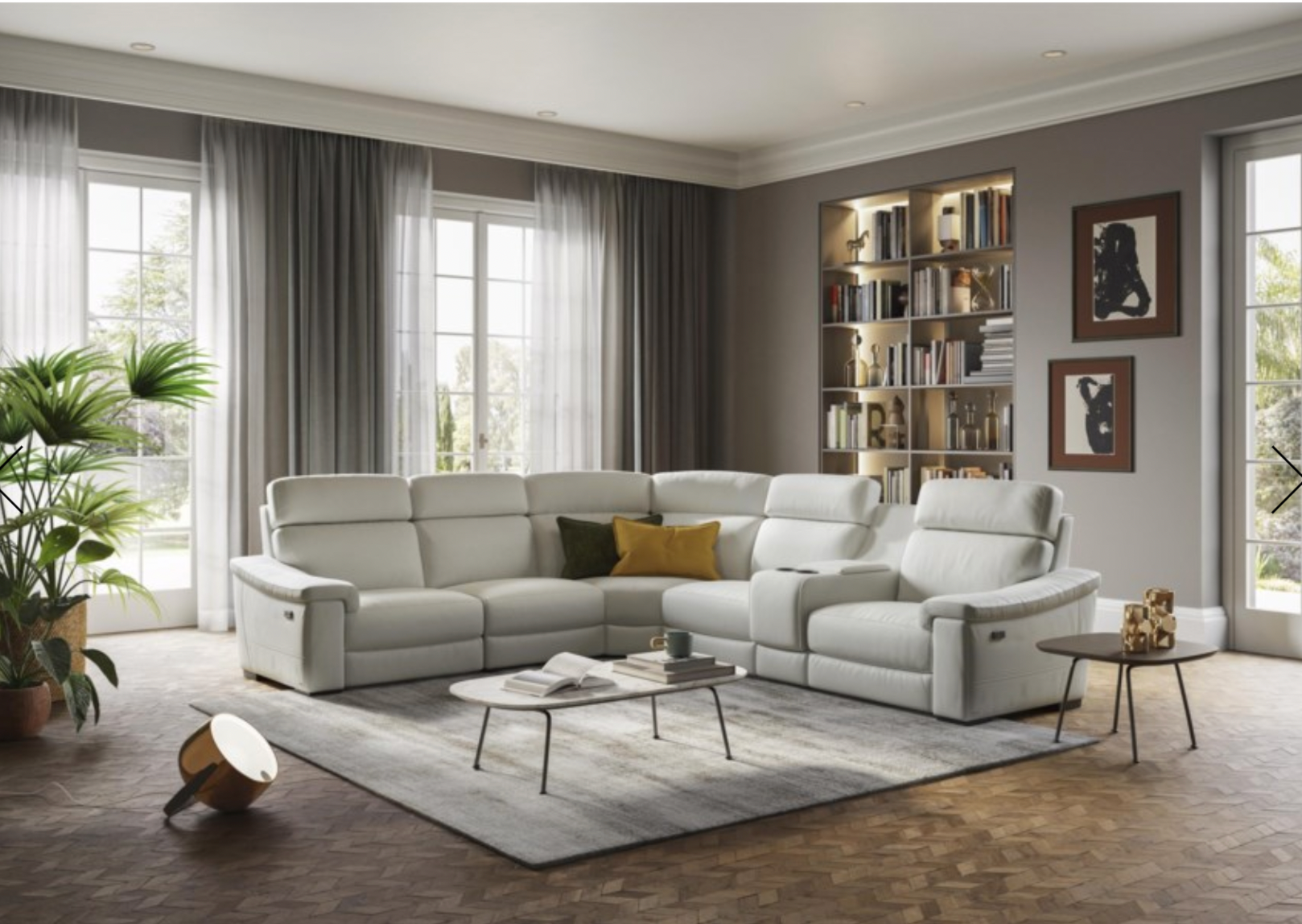 Living room featuring Natuzzi reclining sectional. 