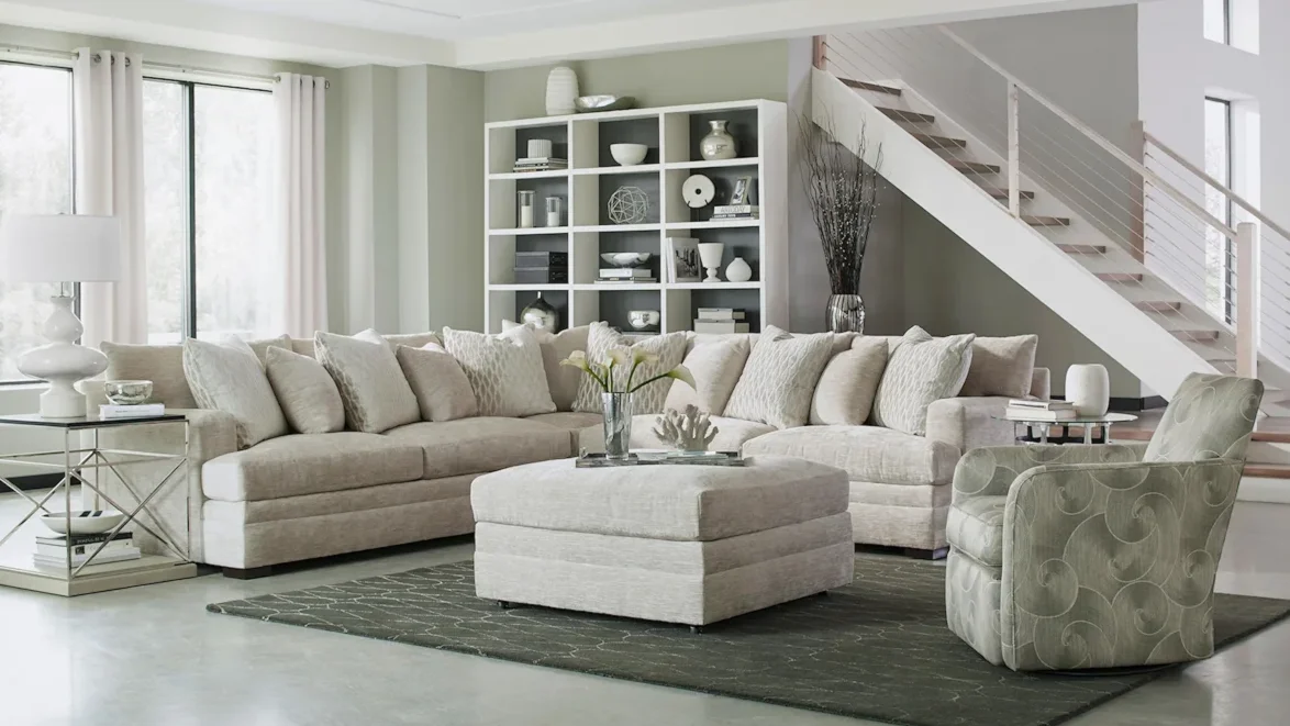 Beige sectional in stylish living room.