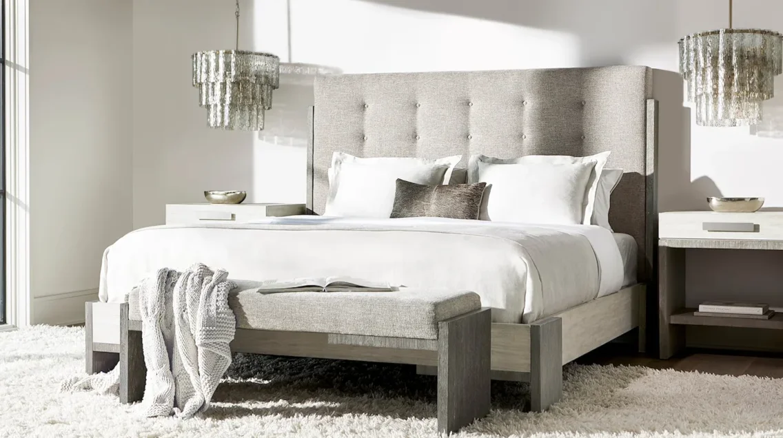 Upholstered bed in modern bedroom.
