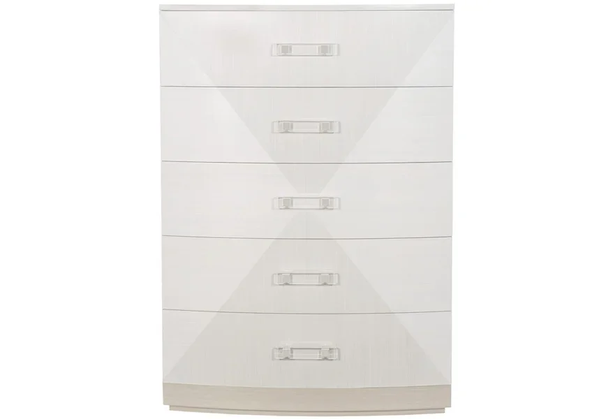 White five-drawer chest with subdued handles and a light x-shaped pattern that crosses all drawers. 