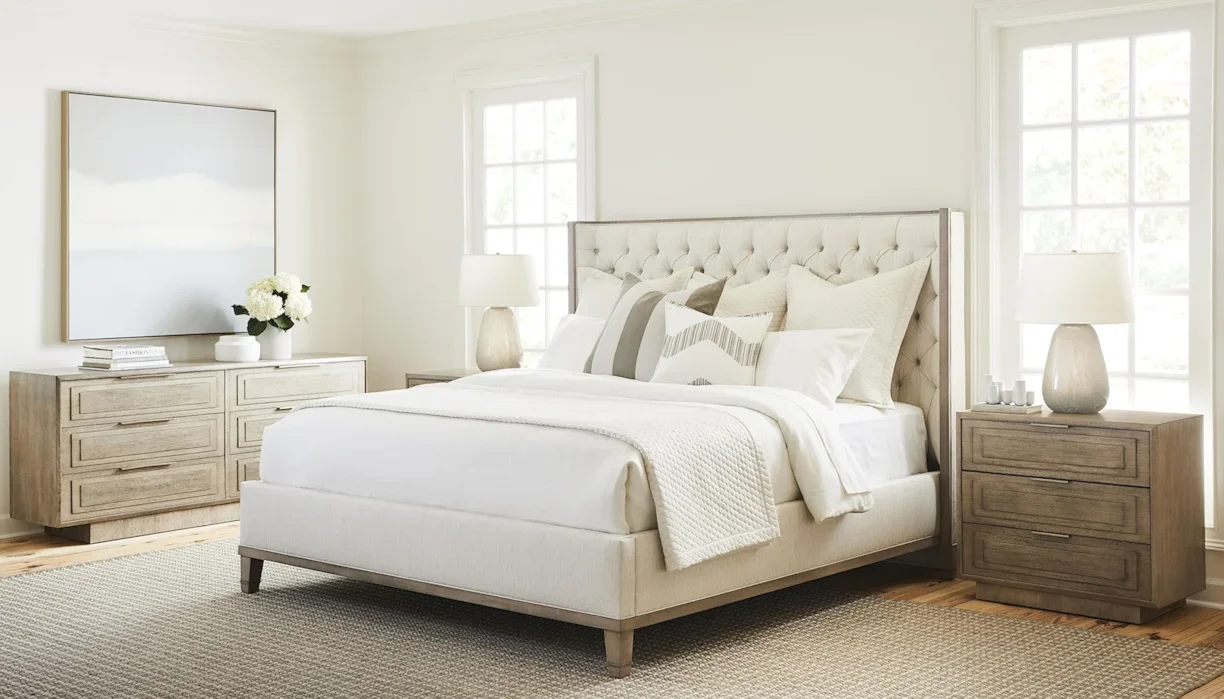 Michael Weiss tufted bed in a transitional bedroom. 