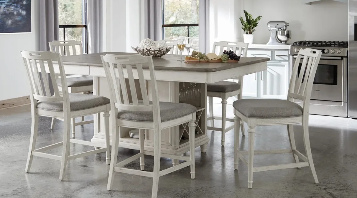 White-washed wood counter-height kitchen table and chairs. 