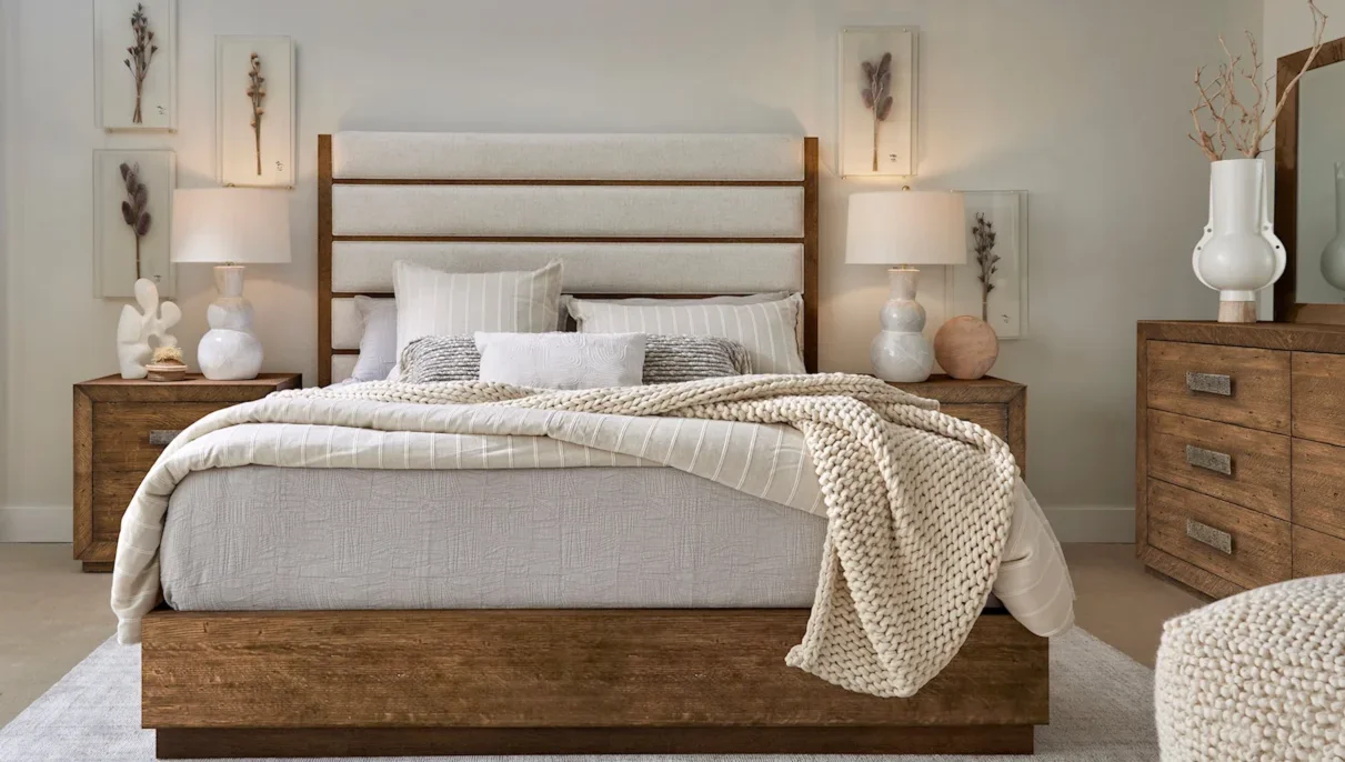 Chic Rustic bedroom featuring a padded panel bed. 